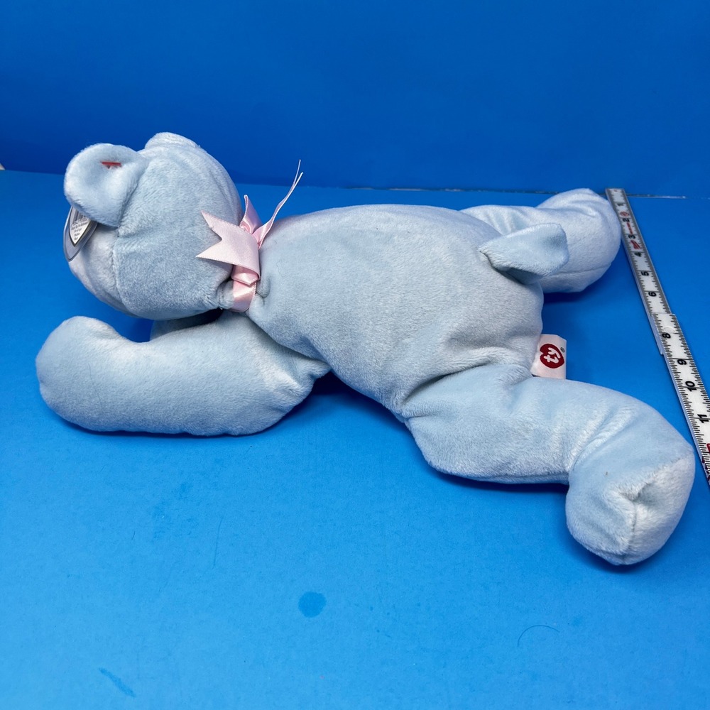 Vtg Ty Classic Huggy Teddy Bear 13 Inch Baby Blue 1994 Retired Plush Pink Bow - Picture 8 of 16